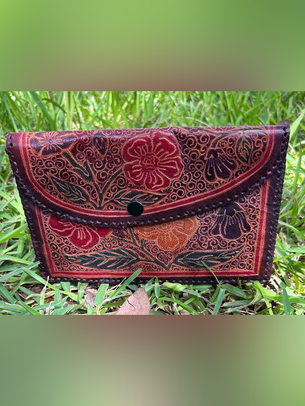 Vintage Handcrafted Leather Tooled Floral Envelope Leather Clutch - Red & Brown